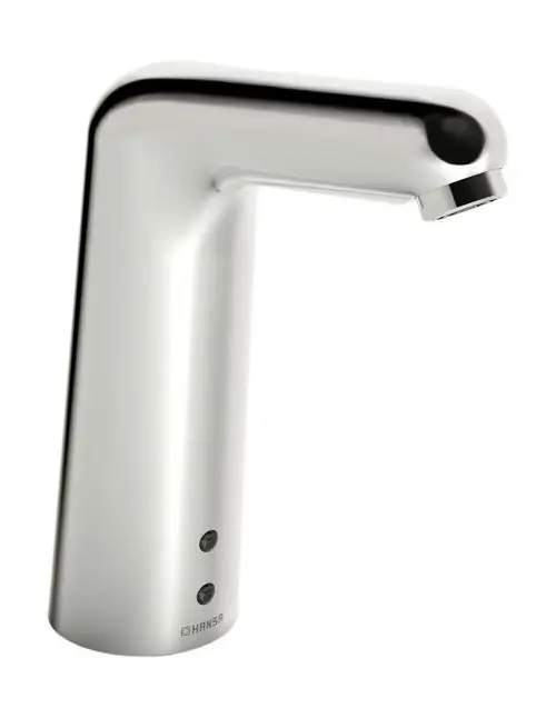 Waschtischarmatur von HANSA mit einem modernen Design, einem Auslauf von oben und zwei Tasten für die Steuerung. Oberfläche in Chrom-Optik.